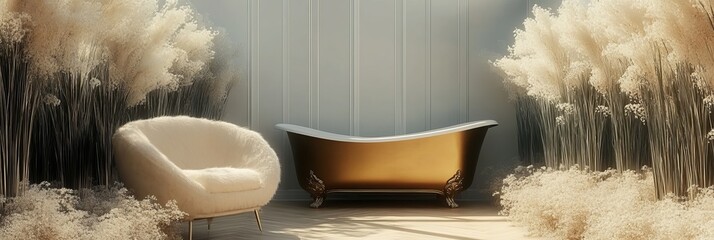 Wall Mural - A Modern Bathroom Interior Design with Golden Bathtub, Fluffy Chair, White Decor and Pampas Grass