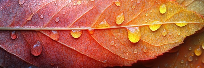 Vibrant autumn leaf adorned with water droplets, highlighting intricate textures and rich seasonal colors, top view composition