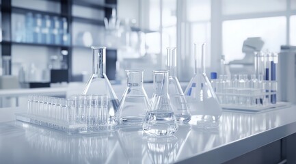 Photograph of a laboratory table with beakers, flasks, and test tubes in a modern, white lab room.