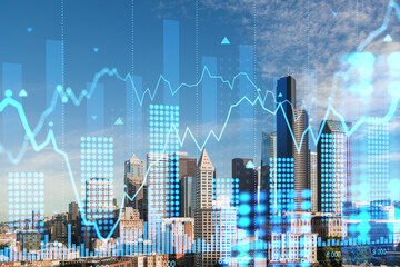 Wall Mural - financial graph overlaid on city skyline with blue tones showing stock market trends.