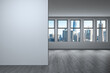 © VideoFlow - Empty modern interior mockup with city view through windows. 3D Rendering