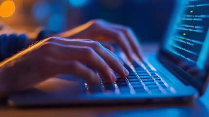 Wall Mural - a person is typing on a laptop in front of a potted plant. the laptop is open and the person's hands