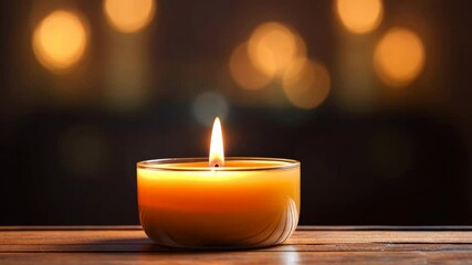 Poster - A candle is lit on a wooden table. The candle is surrounded by a glass bowl, which is sitting on a wooden table. The candle is the only source of light in the image, creating a warm