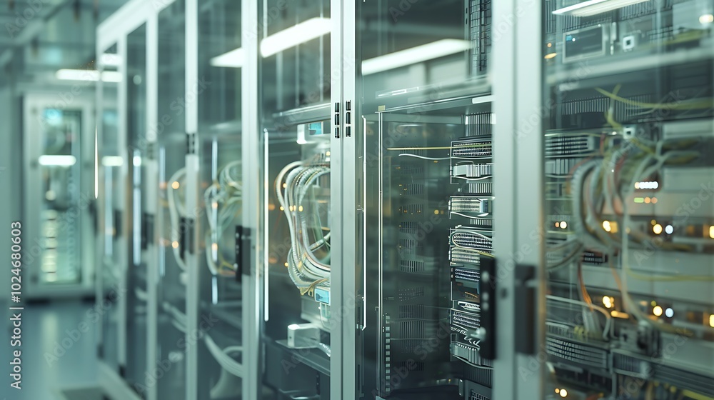 Transparent server racks showcasing internal components and wiring in a ...