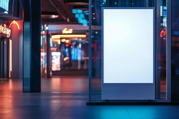 Opportunities for advertising on a vertical billboard in a shopping center, night lights