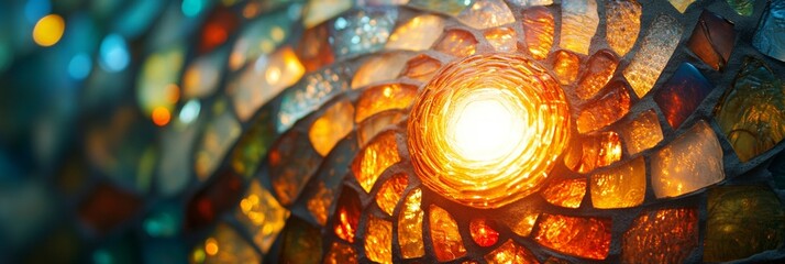 Mosaic glass lamp illuminated, vibrant colors and intricate patterns, showcasing a captivating play of light from above.