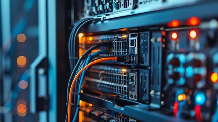 an intricate look at a server system with detailed components and network cables revealed inside sho