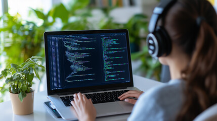 Wall Mural - a woman is sitting at a desk with a laptop and headphones on. she is working on a computer program