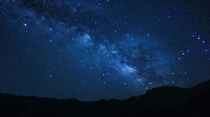 Panoramic blue night sky with milky way and stars on dark background. Fill the universe, nebulae and galaxies with noise and particles. Dark night sky.