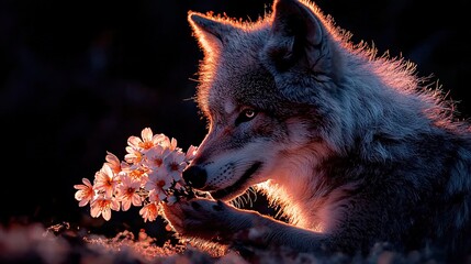 Wall Mural -   A wolf holding a flower stares into the camera, basking under the sun in the green grass