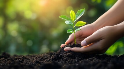 A person gently plants a small green seedling in rich, dark soil, symbolizing growth and nurturing in a sunny, natural environment.