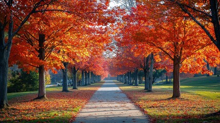 Vibrant orange and red leaves on tall maple trees lining a park pathway, creating a natural tunnel illuminated by soft autumn light