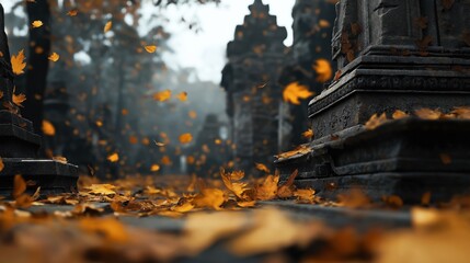 Wall Mural - Ancient stone architecture in autumn, with orange leaves falling and scattered around statues, creating a mystical and atmospheric scene.