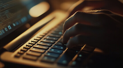Wall Mural - a person is typing on a laptop in front of a potted plant. the laptop is open and the person's hands