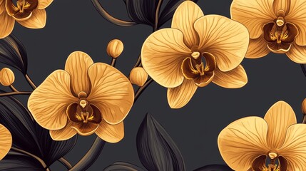 Wall Mural - A vibrant illustration of golden orchids against a dark background, showcasing floral beauty and elegance.