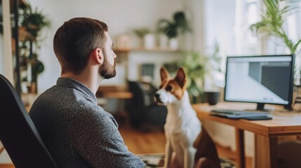 Dog relaxing next to owner while they use the computer at home