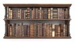 © visual artstock - A wooden bookshelf with two shelves filled with antique leather-bound books.