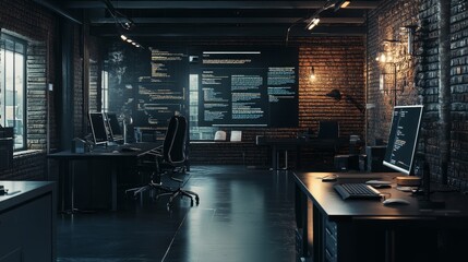 Inside a dimly lit workspace, the workstations of programmers