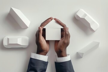 Businessman in suit hands protecting smooth white house-shaped and car-shaped paper on white table top