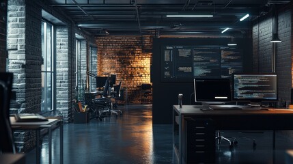 Inside a dimly lit workspace, the workstations of programmers