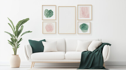 A white couch with green pillows sits in front of a wall with three framed pictures. The couch is the main focus of the image, and the three pictures are arranged in a way that complements the couch