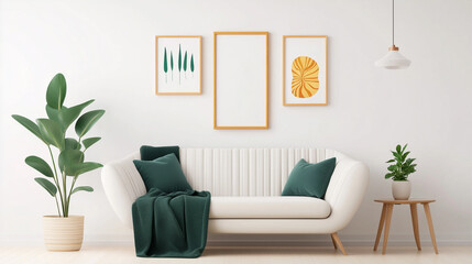 A white couch with green pillows sits in front of a wall with three framed pictures. The couch is the main focus of the image, and the three pictures are arranged in a way that complements the couch