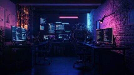 Inside a dimly lit workspace, the workstations of programmers