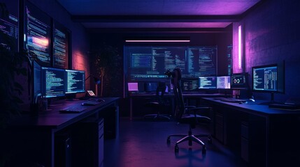 Inside a dimly lit workspace, the workstations of programmers