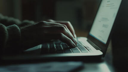 Wall Mural - a person is typing on a laptop in front of a potted plant. the laptop is open and the person's hands