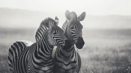 Zebra pair in field, greyscale close-up