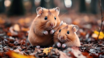 two cute brown hamsters sitting among autumn leaves, focusing on their shiny eyes and soft fur in a 