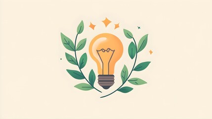 Wall Mural - A flat design illustration of a light bulb entwined with vibrant green leaves, symbolizing sustainable growth and innovative ideas, set against a clean, bright background that emphasizes environmental