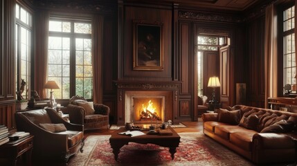 Mansion cozy living room w/ fireplace