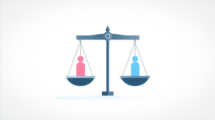 Flat vector image of two gender symbols on a traditional weighing scale, illustrating the concept of equality between male and female.