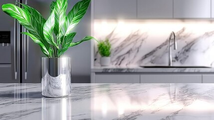   A potted plant sits atop a marble countertop, near a sink and refrigerator in a kitchen