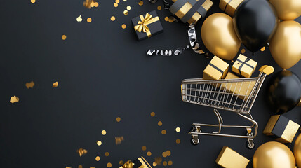 Festive Shopping Scene with Black and Gold Balloons and a Cart Full of Gifts Ready for Celebration