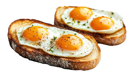 Canvas Print - Delicious fried eggs on crispy toasts, isolated on transparent cutout background