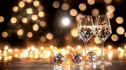   A few wine glasses resting atop a table near a Christmas tree illuminated by lights