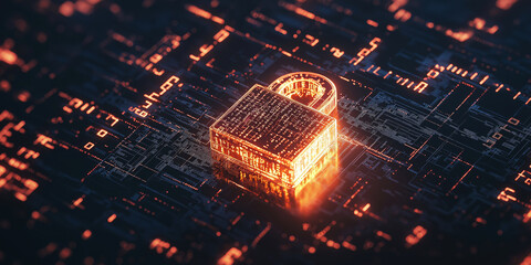 Digital padlock surrounded by simple binary code strings on a dark background.