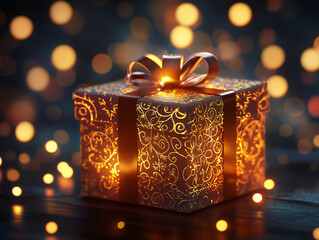 A beautifully designed gift box with intricate patterns glows warmly, surrounded by soft festive lights, creating a magical holiday atmosphere.