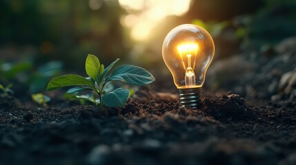 A Beautiful Combination of a Glowing Light Bulb Surrounded by Lush Green Leaves on a Blurred Background Perfect for Nature and Sustainability Themes