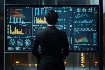 Wall Mural - A business professional analyzes data on a large digital screen displaying various graphs and statistics.