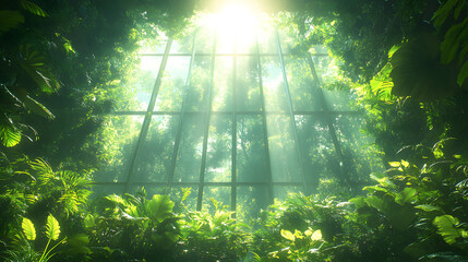 A background of green plants and leaves inside the glass walls of a greenhouse, creating a natural, fresh, and eco-friendly atmosphere.
