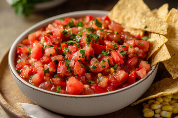 Fresh tomato salsa served with crispy tortilla chips in a bowl