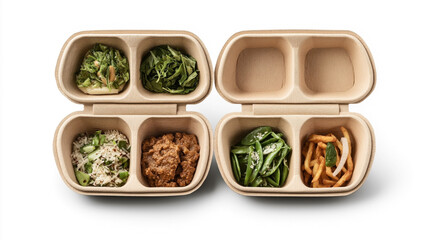 Wall Mural - Two compostable food containers with various small meals including greens, rice, meat, snap peas, and fries on a white background.