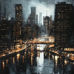 Canvas Print - A moody cityscape at night, featuring illuminated buildings and a reflective river under a cloudy sky.