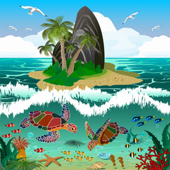 Illustration with colorful turtles underwater.Island with palm trees and rock, turtles and fish underwater in color vector illustration.