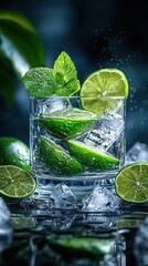 Canvas Print -   A close-up of a glass filled with water containing sliced limes and fresh mint leaves resting on an ice-cold table