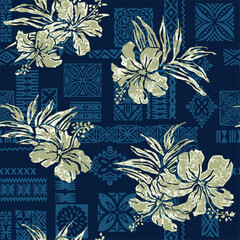 Wall Mural - hibiscus flower and leaves with tapa cloth background abstract hawaiian vector seamless pattern for 