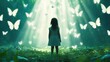© starush - A young girl stands in a magical forest surrounded by glowing butterflies, AI